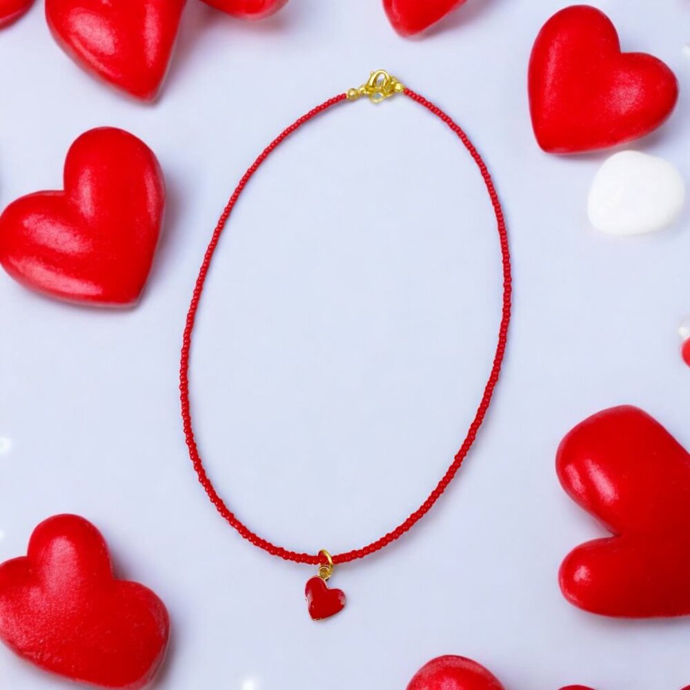 HANDMADE Red Heart Seed bead pendant charm choker necklace valentine's day gift